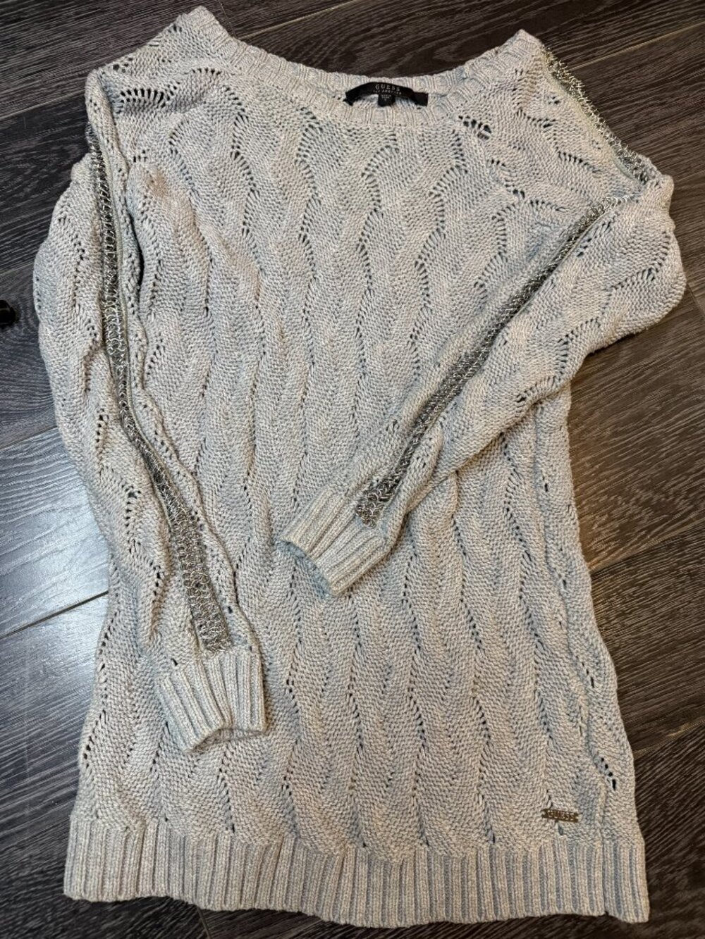 GUESS Grey Cable Knit Sweater with Chain Sleeve Detail – Small
